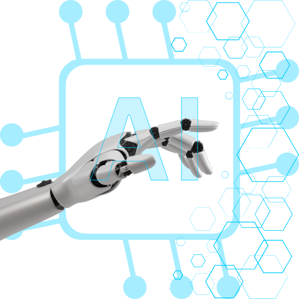 A robotic hand reaching out with the letters 'AI' superimposed on a circuit board design background, symbolizing the connection between artificial intelligence and technology.